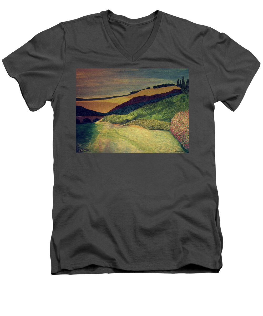 France Men's V-Neck T-Shirt featuring the painting Vetheuil at Dawn by Bill OConnor
