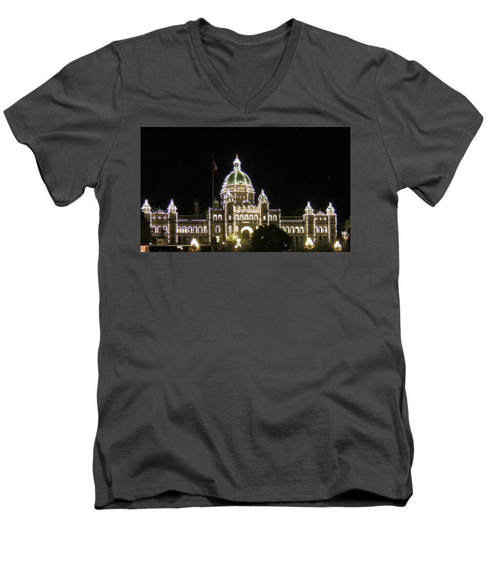 Night Lights Men's V-Neck T-Shirt featuring the photograph Victoria Legislative Buildings by Betty Buller Whitehead