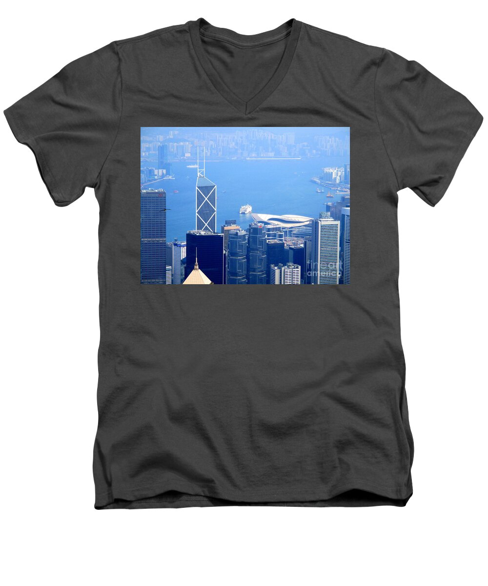 Hong Kong Men's V-Neck T-Shirt featuring the photograph Victoria Peak 2 by Randall Weidner