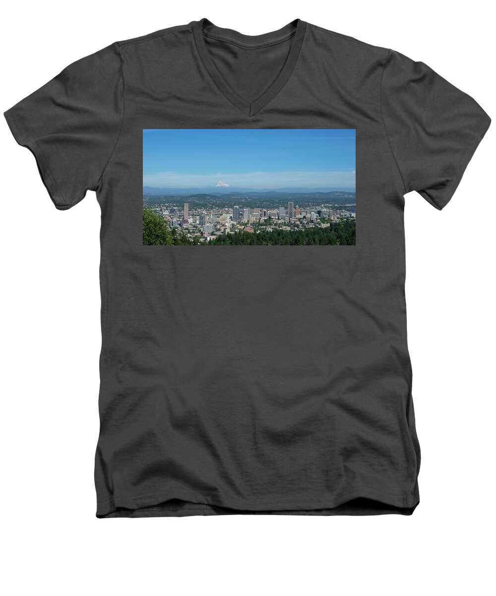 Downtown Men's V-Neck T-Shirt featuring the photograph View of downtown Portland Oregon from Pittock Mansion by Robert Bellomy
