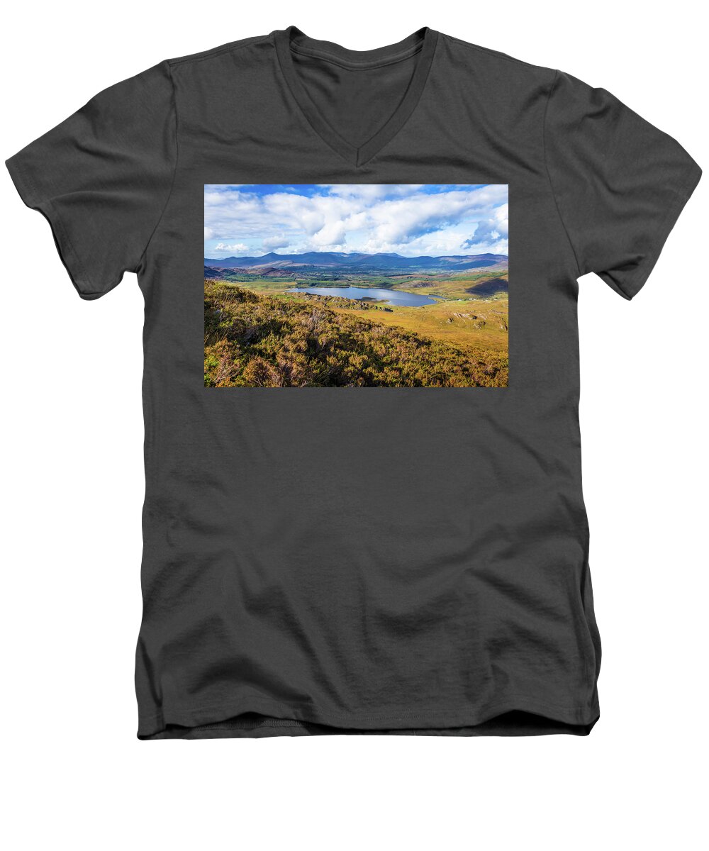Ballycullane Men's V-Neck T-Shirt featuring the photograph View of Lough Acoose in Ballycullane from the foothill of Macgil by Semmick Photo