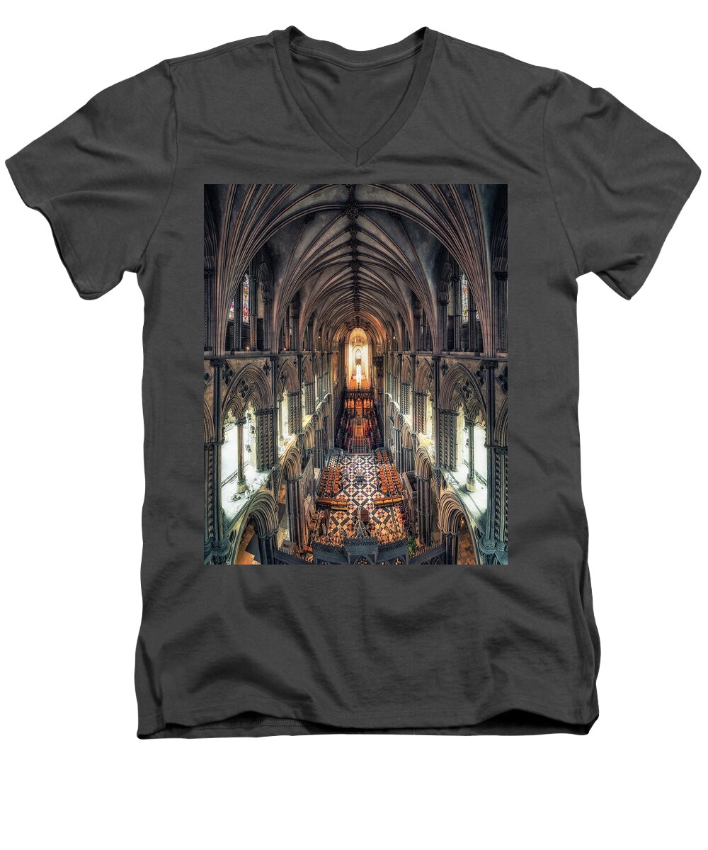 Ancient Men's V-Neck T-Shirt featuring the photograph View through Ely Cathedral by James Billings