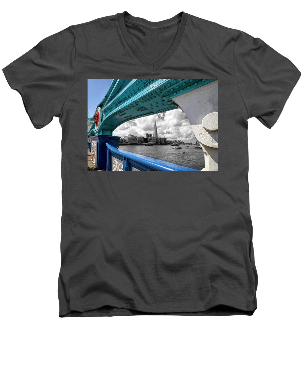 London Men's V-Neck T-Shirt featuring the photograph View Through Tower Bridge by Shirley Mitchell