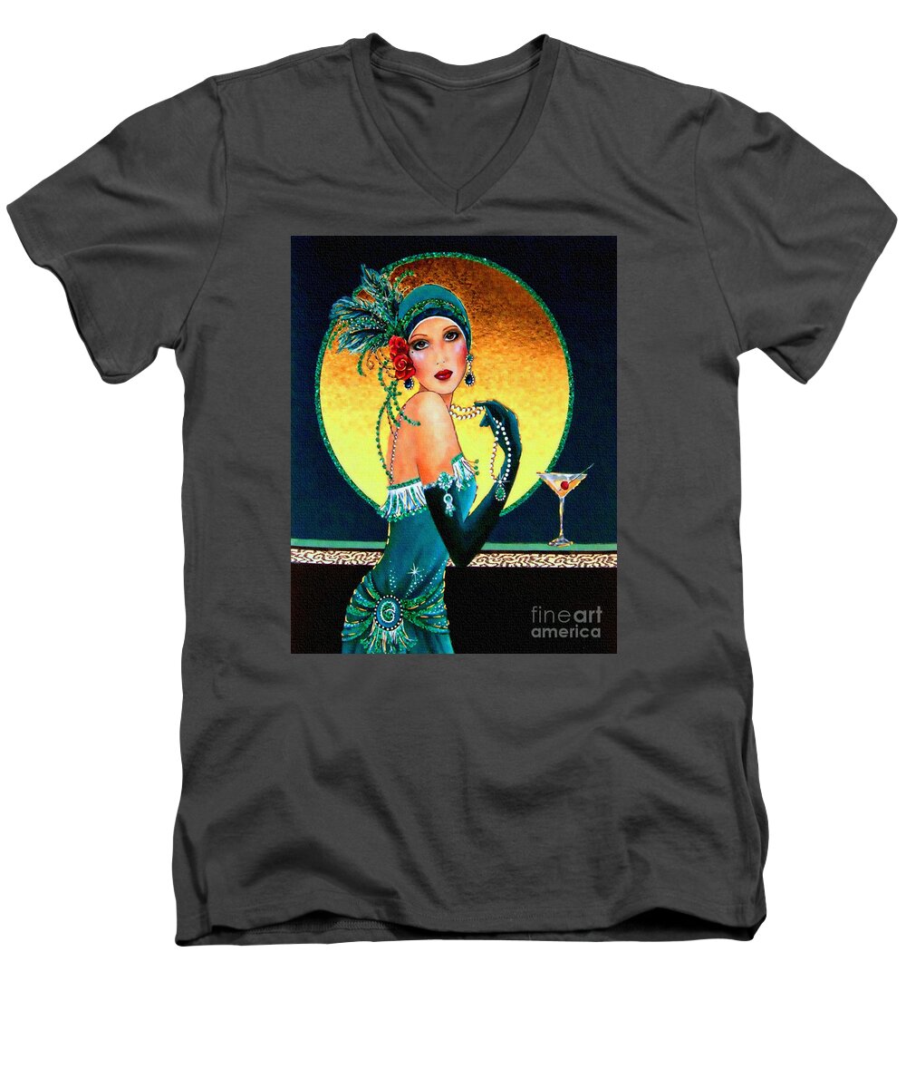Art Deco Men's V-Neck T-Shirt featuring the painting Vintage 1920s Fashion Girl by Ian Gledhill