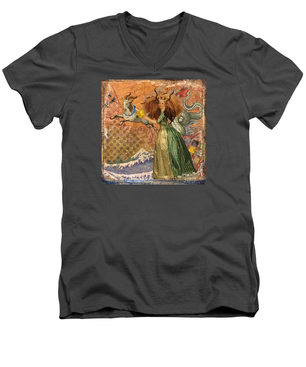 Doodlefly Men's V-Neck T-Shirt featuring the digital art Vintage Golden Woman Capricorn Gothic Whimsical Collage by Mary Hubley