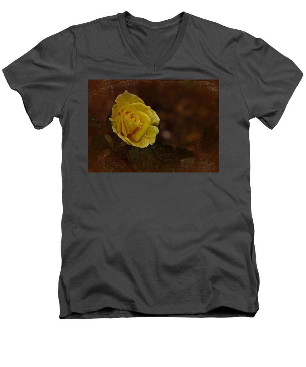 Yellow Rose Men's V-Neck T-Shirt featuring the photograph Vintage November Yellow Rose by Richard Cummings