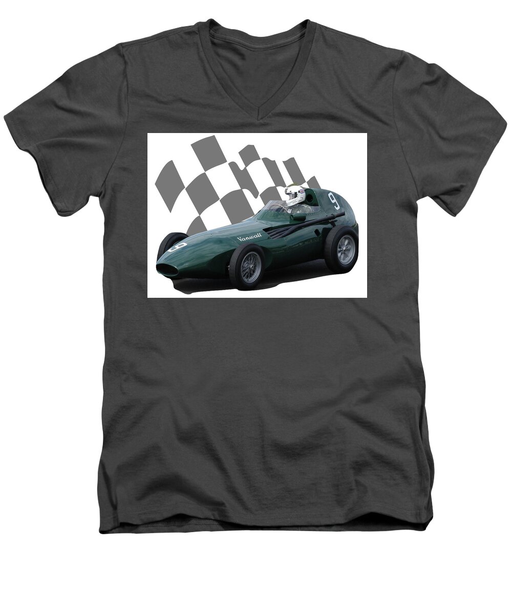 Racing Car Men's V-Neck T-Shirt featuring the photograph Vintage Racing Car and Flag 5 by John Colley