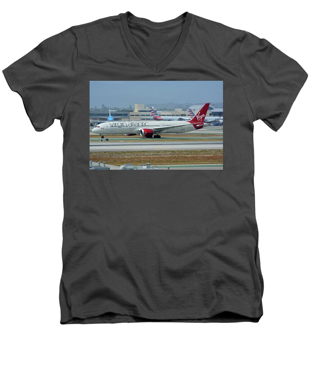 Airplane Men's V-Neck T-Shirt featuring the photograph Virgin Atlantic Boeing 787-9 G-VZIG Los Angeles International Airport May 3 2016 by Brian Lockett