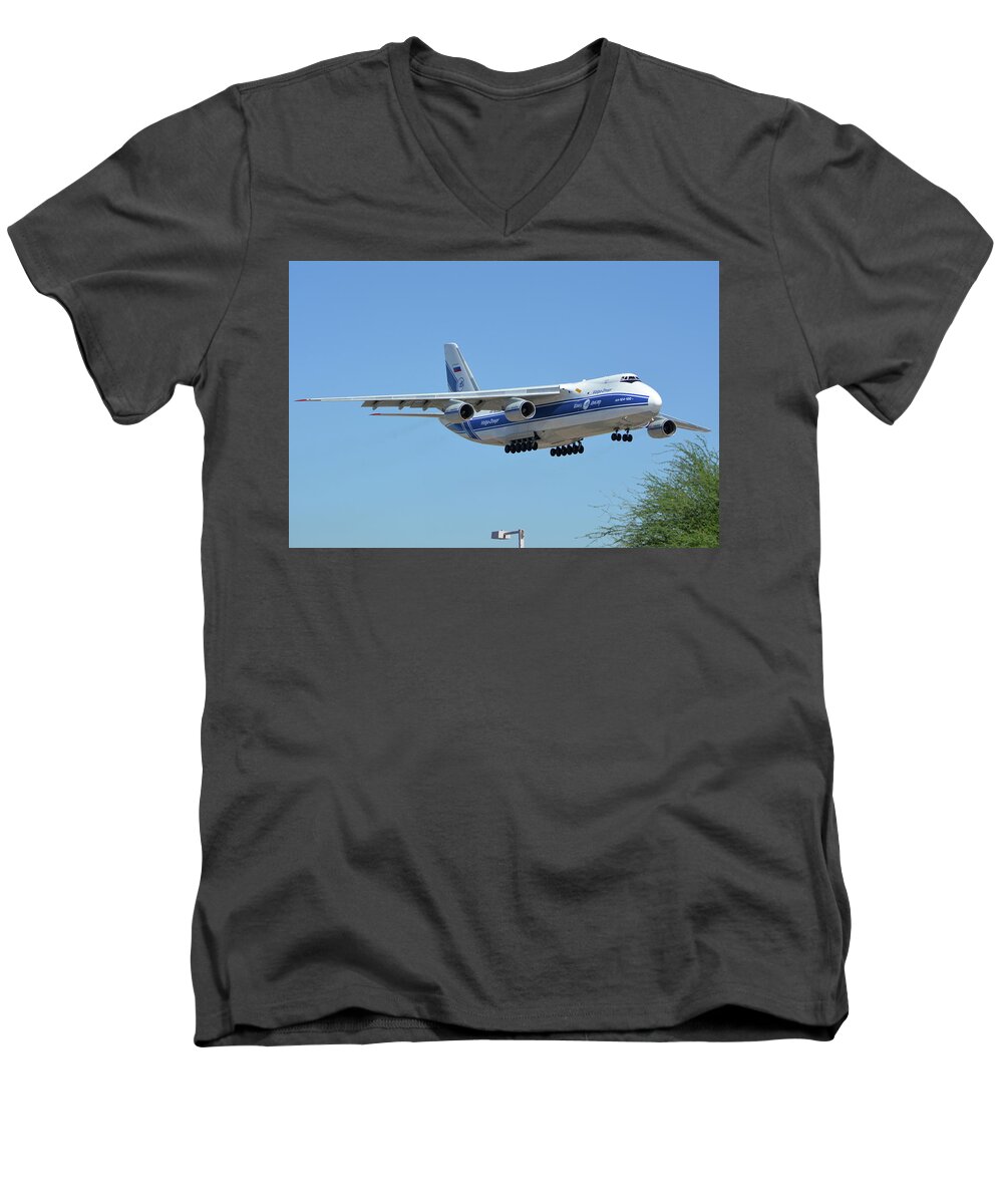 Airplane Men's V-Neck T-Shirt featuring the photograph Volga-Dnepr An-124 RA-82068 Landing Phoenix Sky Harbor June 15 2016 by Brian Lockett