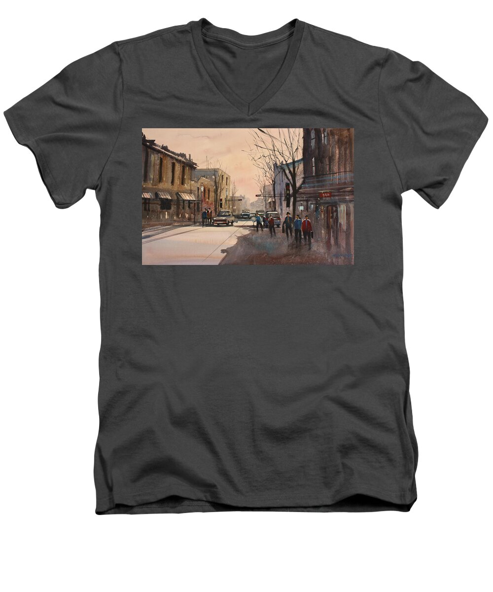 Watercolor Men's V-Neck T-Shirt featuring the painting Walking in the Shadows - Fond du Lac by Ryan Radke
