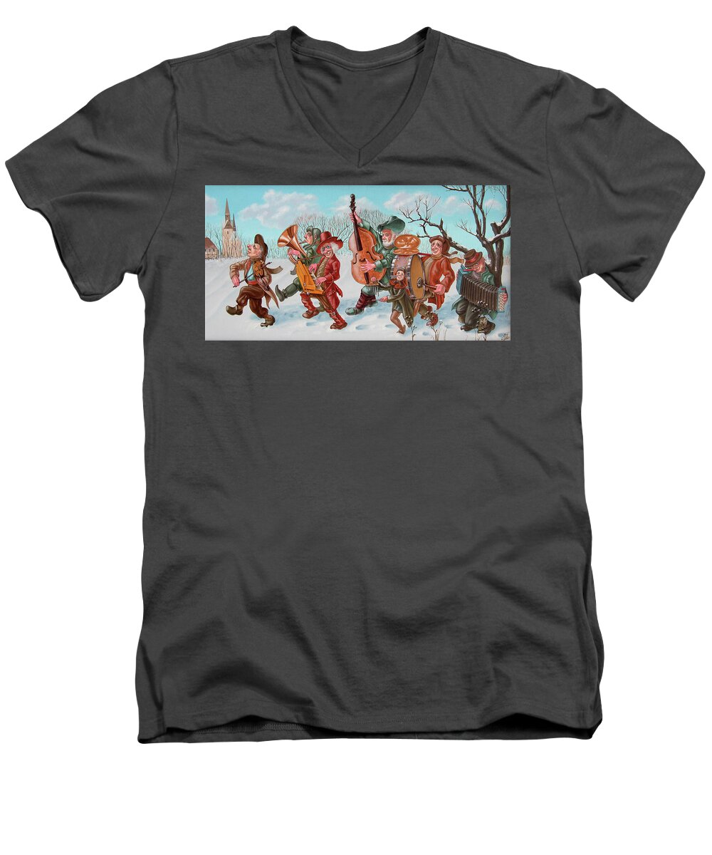 Painting Men's V-Neck T-Shirt featuring the painting Walking Musicians by Victor Molev