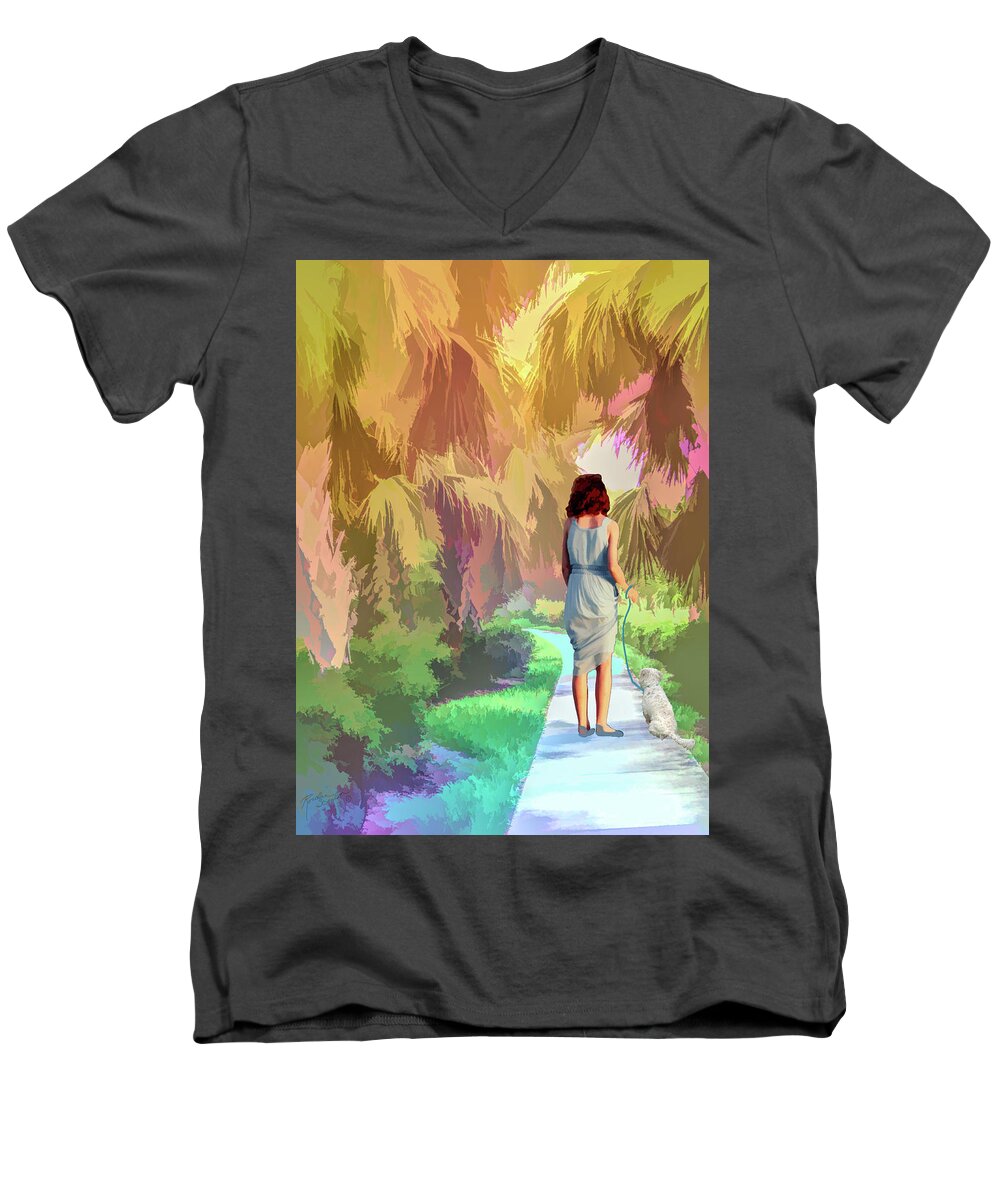 Trees Men's V-Neck T-Shirt featuring the mixed media Walking the Dog by Rosalie Scanlon