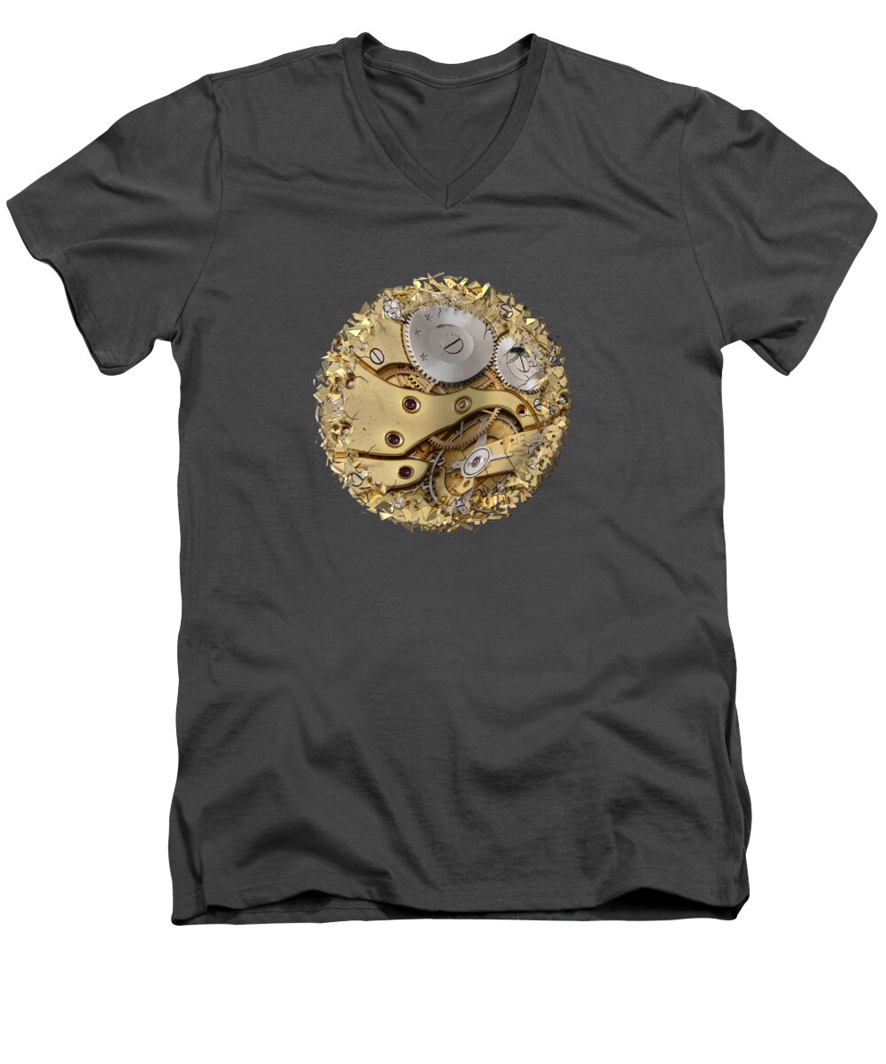 Clock Men's V-Neck T-Shirt featuring the photograph Warped and shattered clockwork mechnism by Michal Boubin
