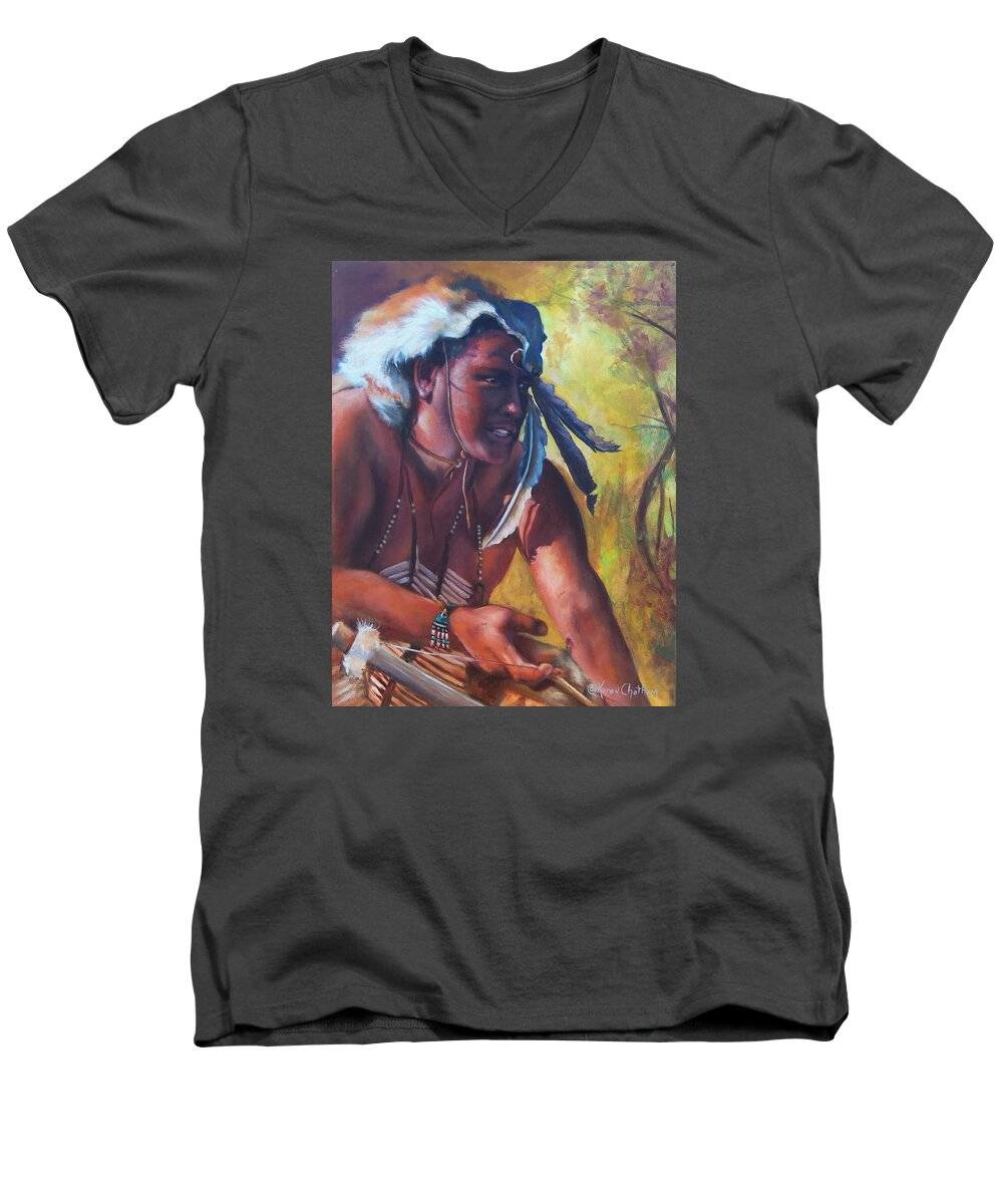 Arthur Redcloud Portrait Men's V-Neck T-Shirt featuring the painting Warrior Of The Gate by Karen Kennedy Chatham