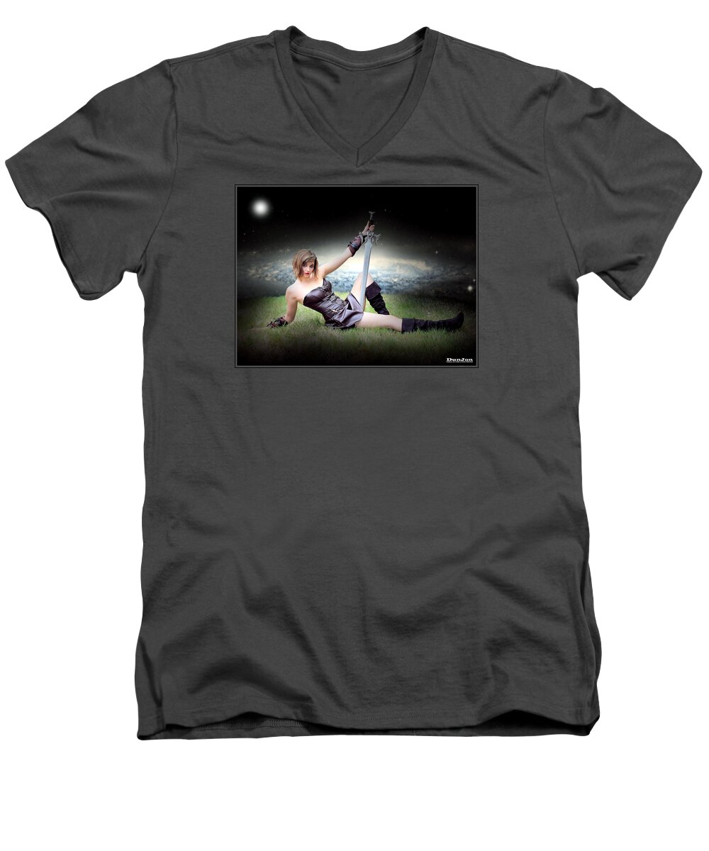 Fantasy Men's V-Neck T-Shirt featuring the painting Warrior Princess At Rest by Jon Volden