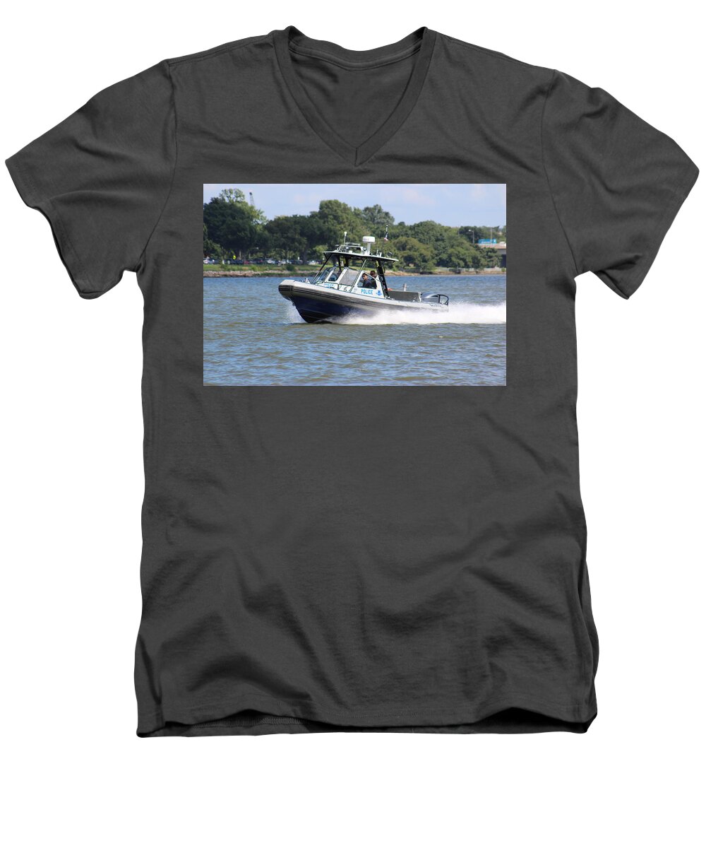 Police Waterfront Summer Sky Reflection Clouds Water Officers Boat Uniform Career Job Jobs U.s.a Us America Washington D.c Dc United States Of America Trees Waterpotral Men's V-Neck T-Shirt featuring the photograph Washington D. C Police by Jeanette Rode Dybdahl