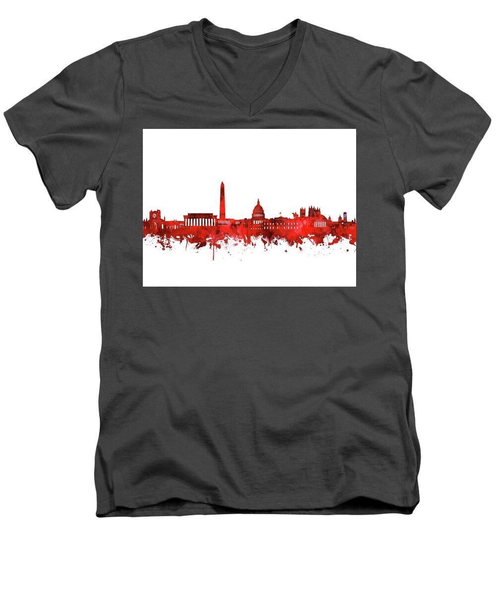 Washington Dc Men's V-Neck T-Shirt featuring the digital art Washington Dc Skyline Watercolor Red by Bekim M