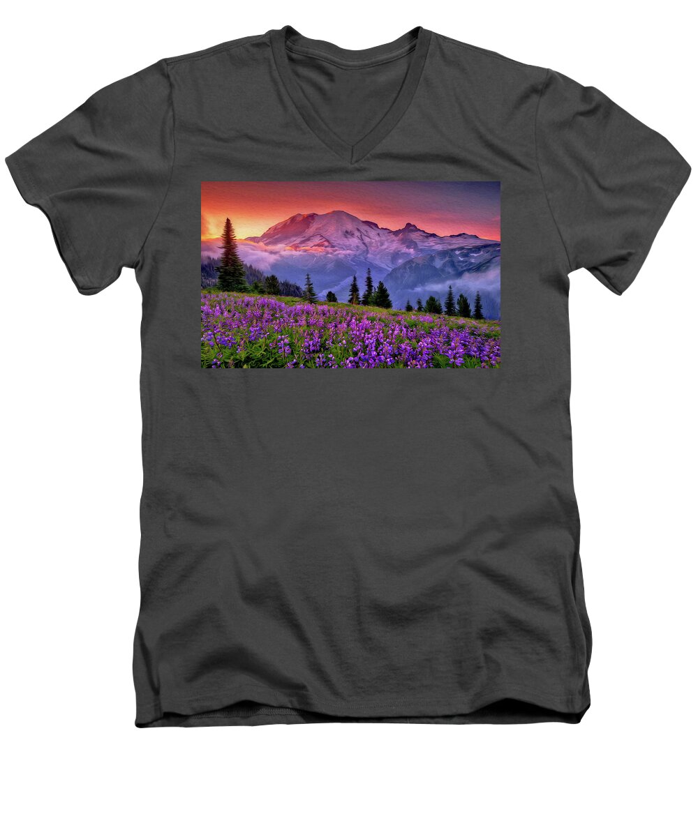 Nature Men's V-Neck T-Shirt featuring the painting Washington, Mt Rainier National Park - 05 by AM FineArtPrints