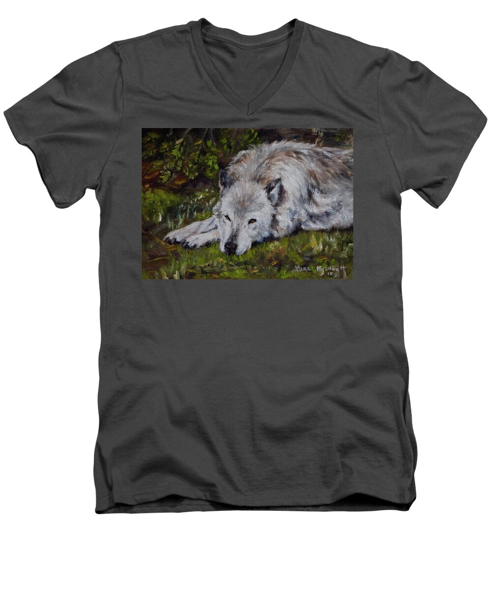 Wolf Men's V-Neck T-Shirt featuring the painting Watchful Rest by Lori Brackett