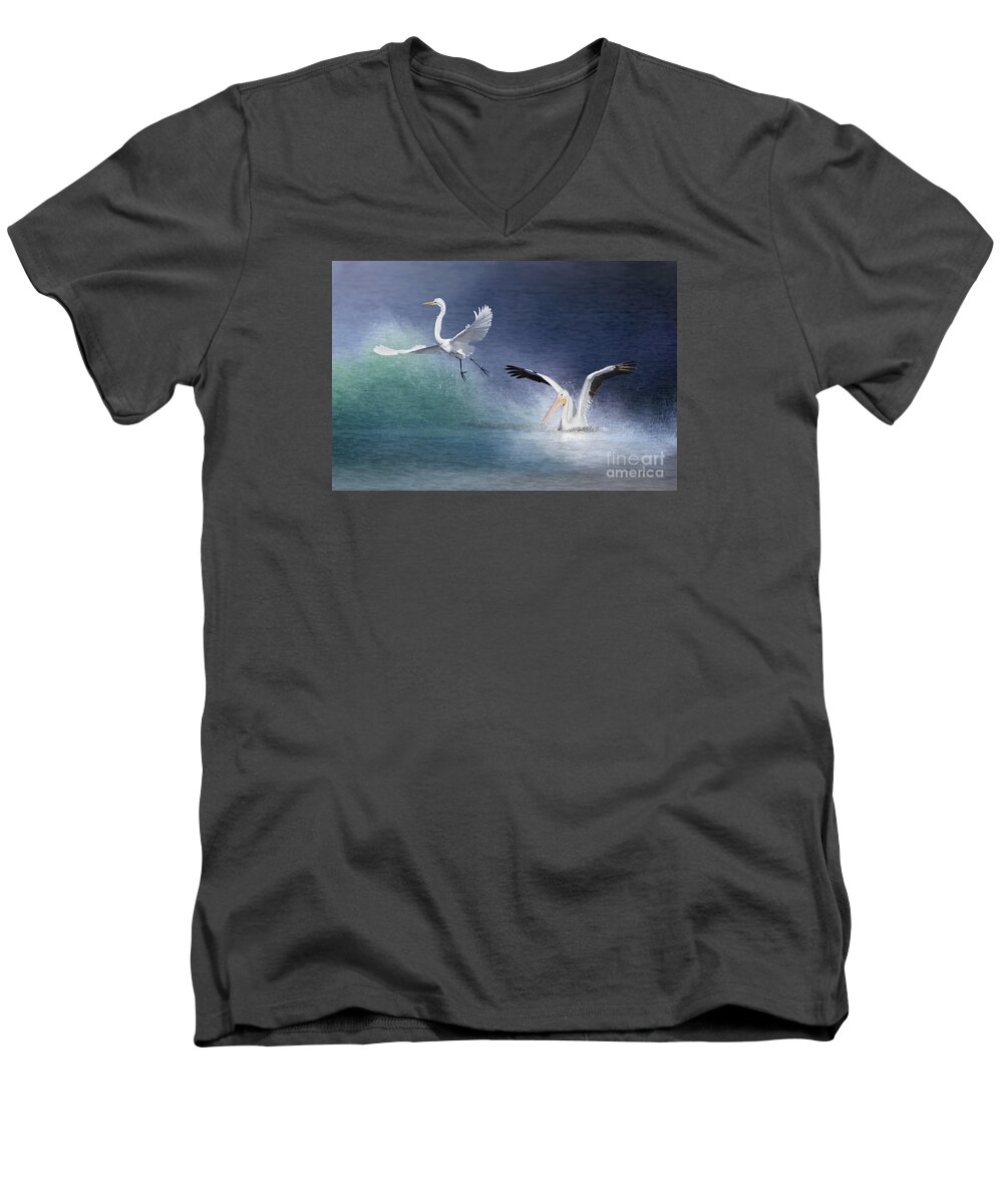 American White Pelican Men's V-Neck T-Shirt featuring the photograph Water Ballet by Bonnie Barry