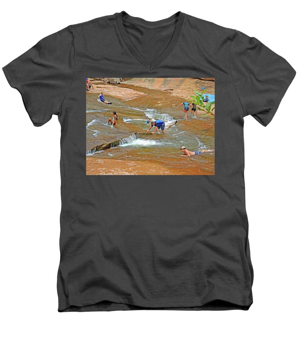 Slide Rock Men's V-Neck T-Shirt featuring the mixed media Water Play 3 by Lynda Lehmann