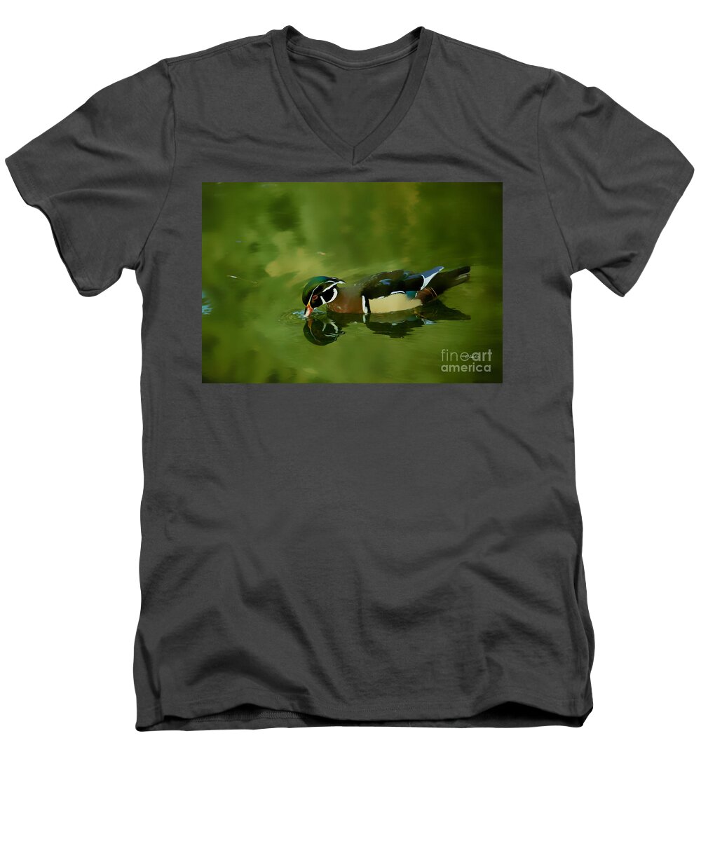 Claudia's Art Dream Men's V-Neck T-Shirt featuring the photograph Male Wood Duck Water Reflections by Claudia Ellis