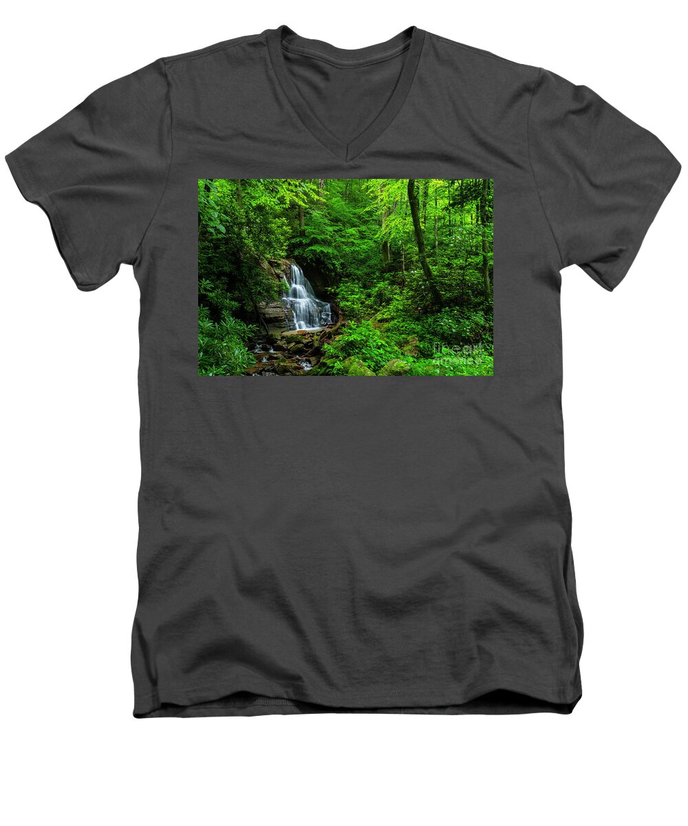Waterfall Men's V-Neck T-Shirt featuring the photograph Waterfall and Rhododendron in Bloom by Thomas R Fletcher