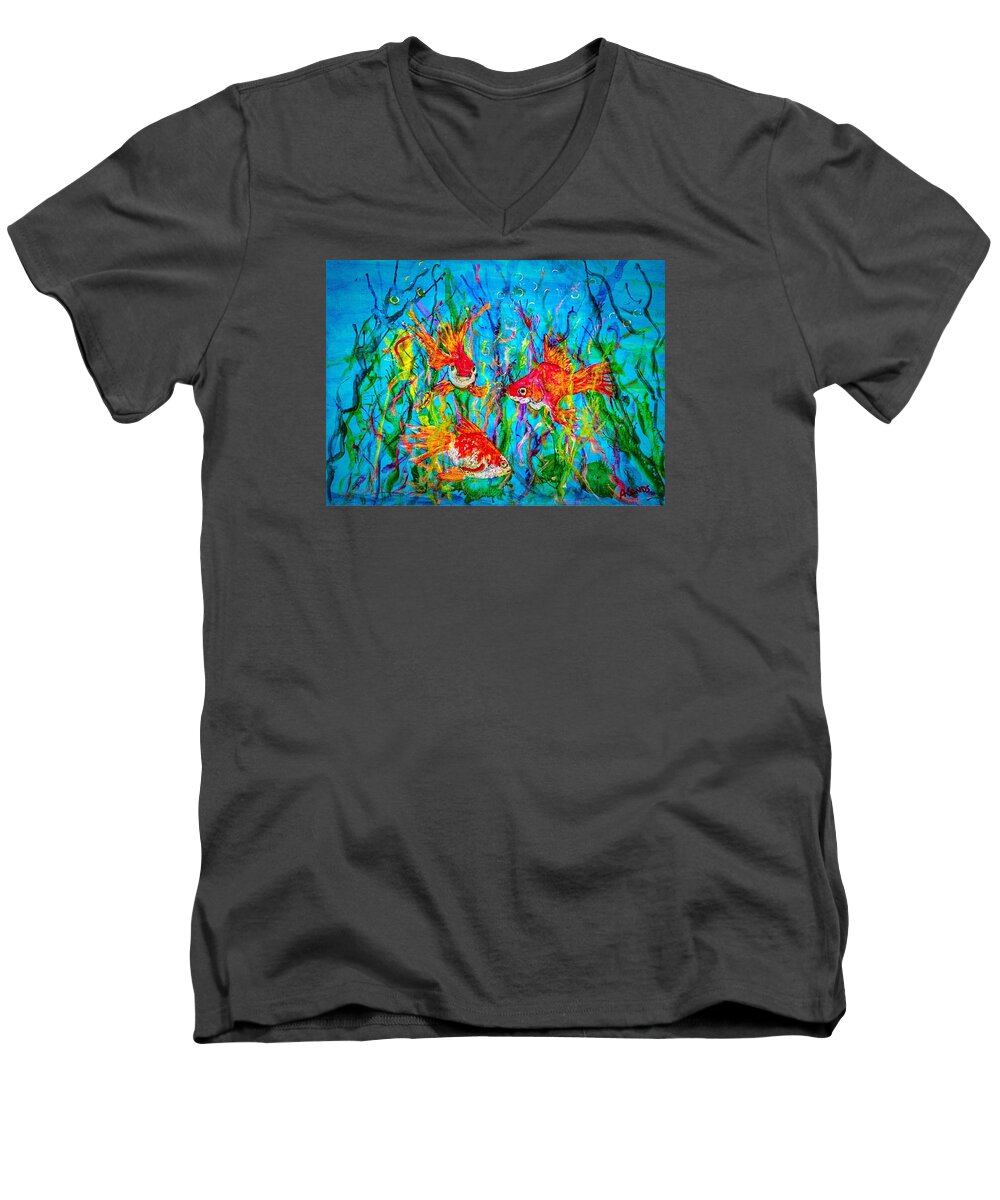 Gold Fish Men's V-Neck T-Shirt featuring the painting Watery Wonderland by Anne Sands