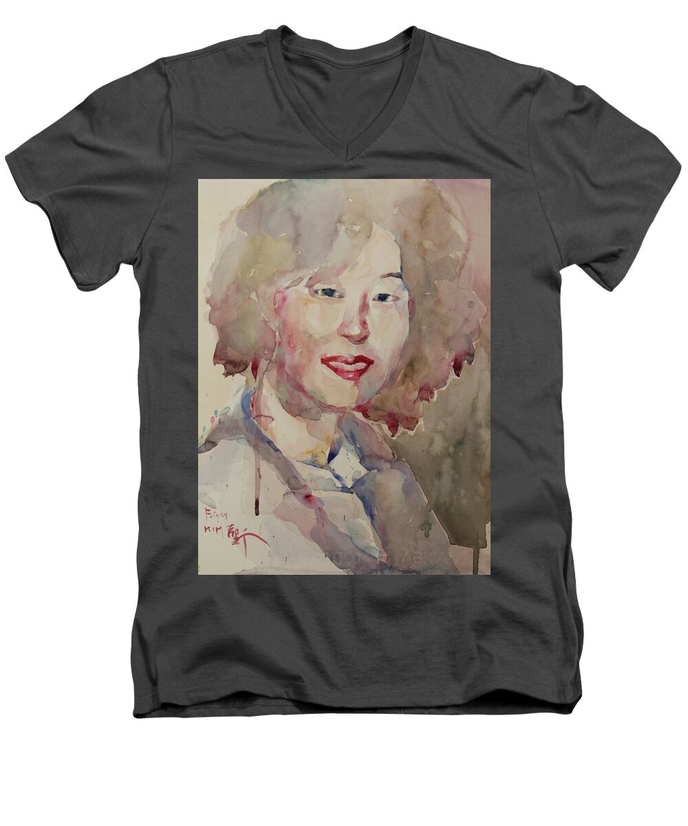 Watercolor Men's V-Neck T-Shirt featuring the painting WC Portrait 1628 My Sister Hyunsook by Becky Kim