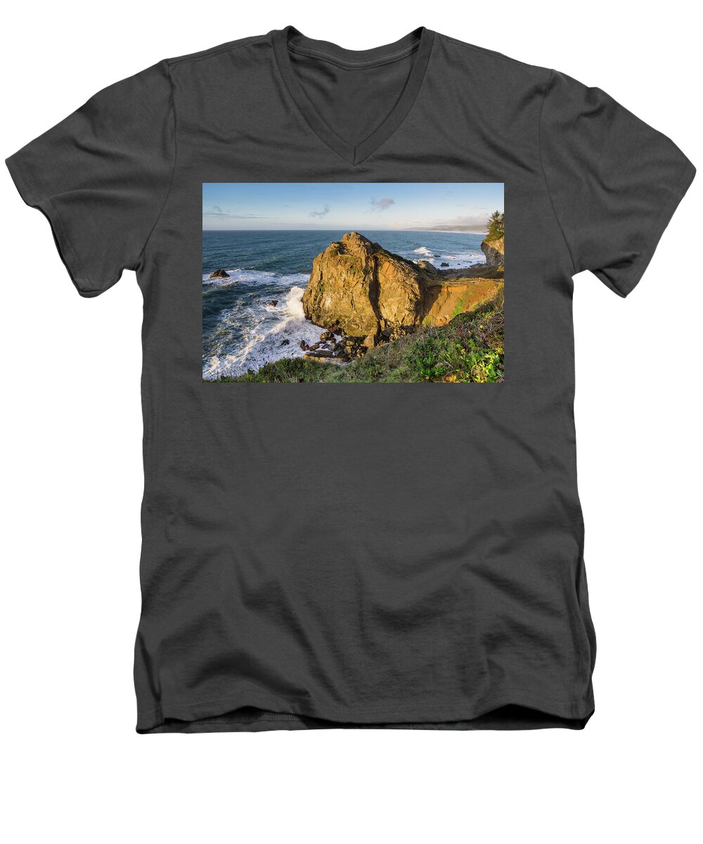 Sea Stacks Men's V-Neck T-Shirt featuring the photograph Wedding Rock Evening Light by Greg Nyquist