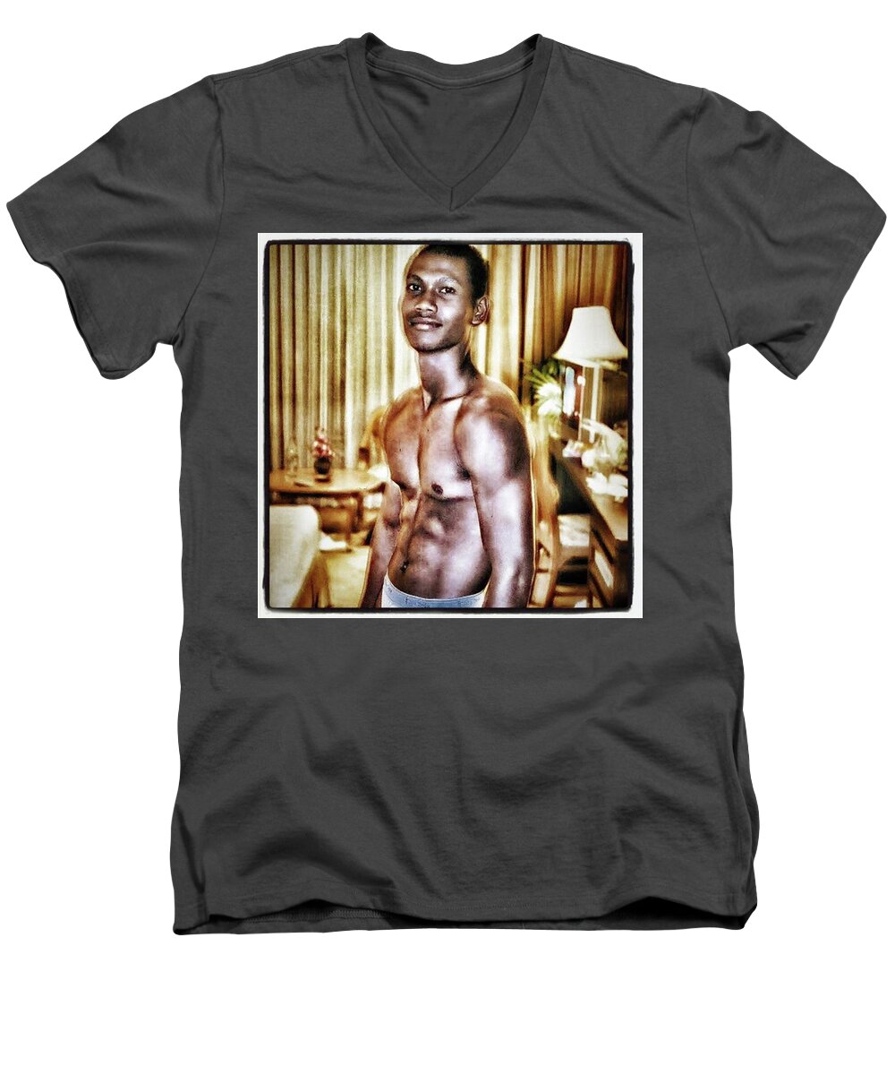 Sepia Men's V-Neck T-Shirt featuring the photograph Weerawat. We For Short. A Kickboxer And by Mr Photojimsf