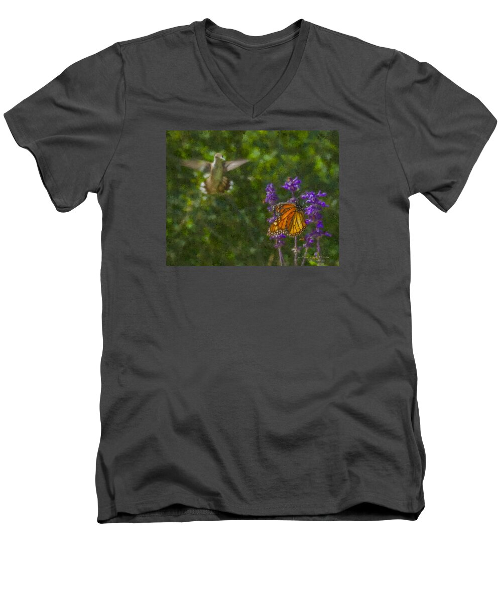 Hummingbird Men's V-Neck T-Shirt featuring the painting Welcome Vistors by Bill McEntee