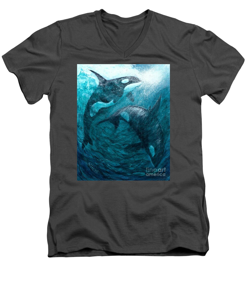 #whales #shamu #ocean #sea #water #environmentalart #sustainable Men's V-Neck T-Shirt featuring the painting Whales Ascending Descending by Allison Constantino