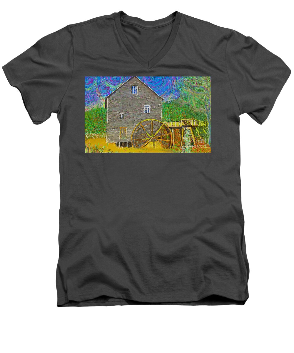 Impressionist Men's V-Neck T-Shirt featuring the painting Water Wheel by Hidden Mountain