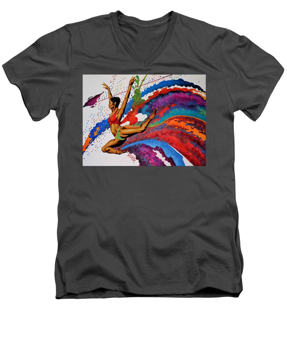 Colorful Ballerina In Motion Men's V-Neck T-Shirt featuring the painting When Misty Moves by William Roby