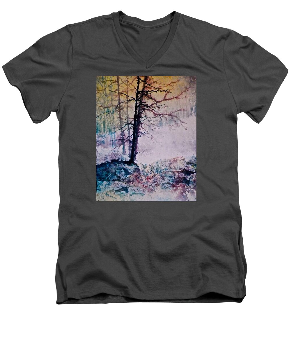 Watercolor Men's V-Neck T-Shirt featuring the painting Whispers in the Fog by Carolyn Rosenberger