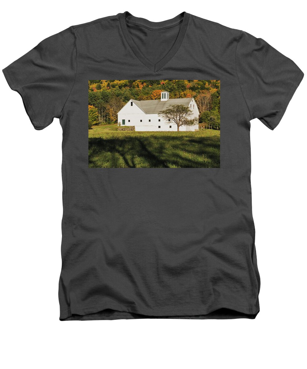 Williamsville Vermont Men's V-Neck T-Shirt featuring the photograph White Barn In Color by Tom Singleton