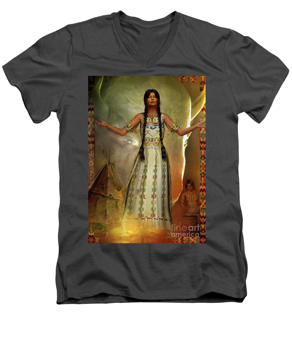 Myths And Legends Men's V-Neck T-Shirt featuring the digital art White Buffalo Calf Woman by Shadowlea Is