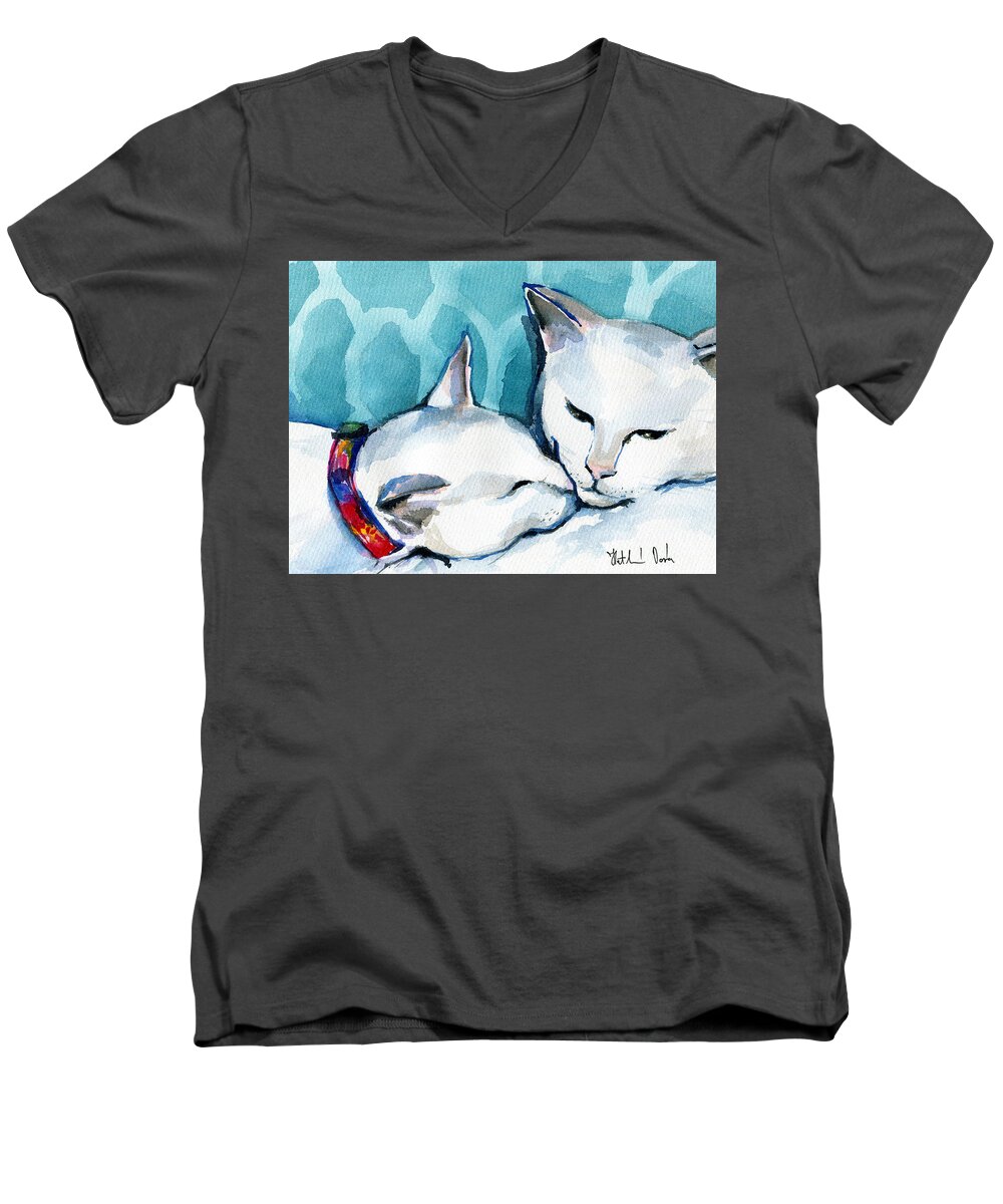 Cat Men's V-Neck T-Shirt featuring the painting White Cat Affection by Dora Hathazi Mendes