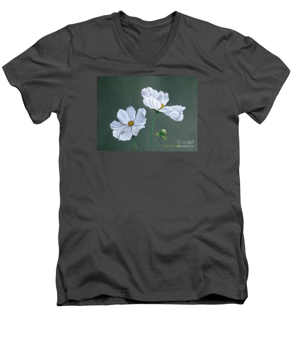 Phyllis Howard Men's V-Neck T-Shirt featuring the drawing White Cosmos by Phyllis Howard