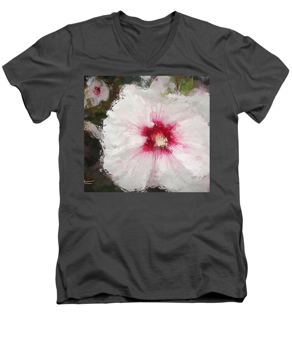 Original Painting Of White And Red Flower Men's V-Neck T-Shirt featuring the painting White Flower by Joan Reese