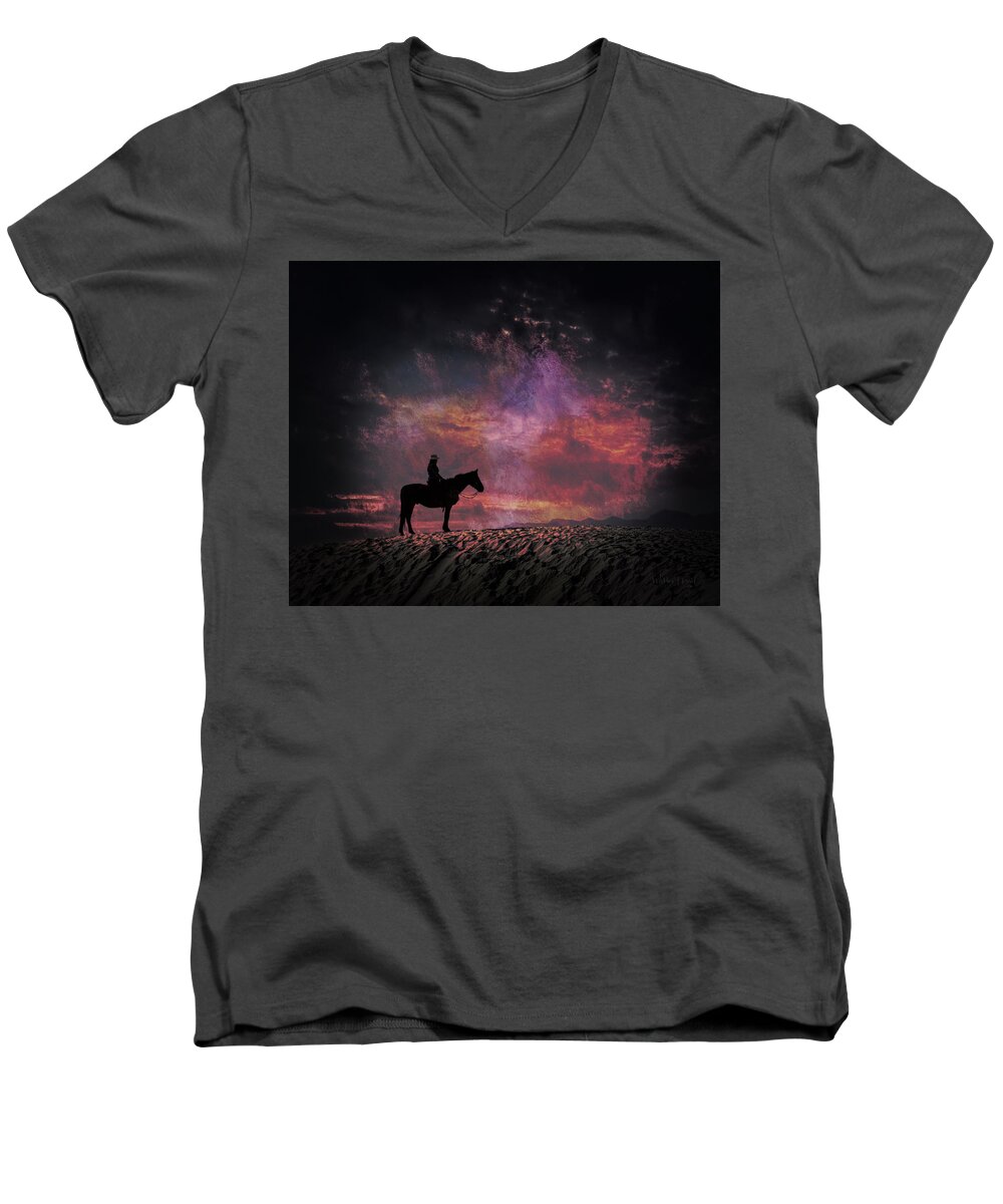  Silhouette Men's V-Neck T-Shirt featuring the photograph White Sands Horse and Rider #4c by Walter Herrit