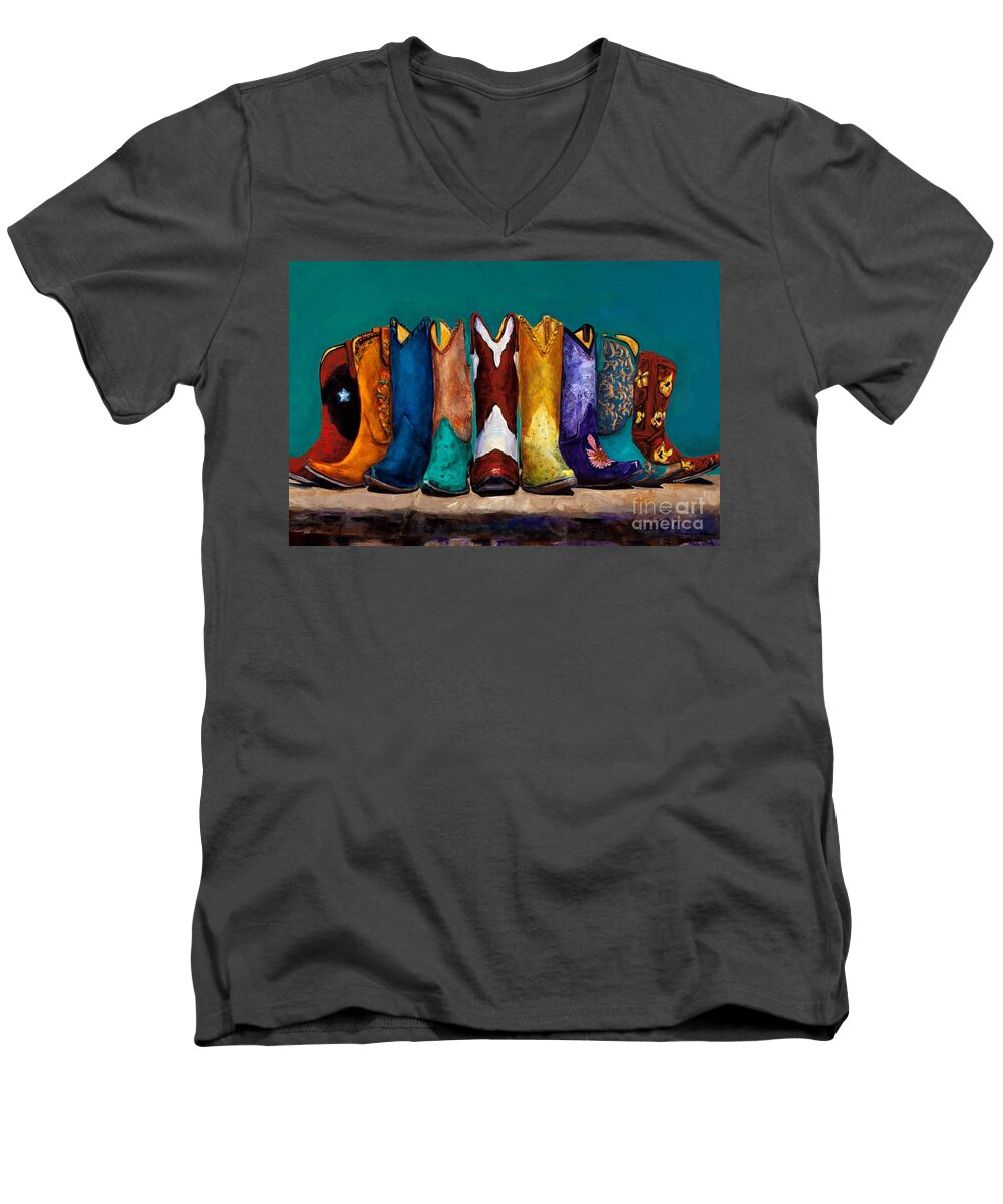 Cowboy Boot Men's V-Neck T-Shirt featuring the painting Why Real Men Want to be Cowboys 2 by Frances Marino