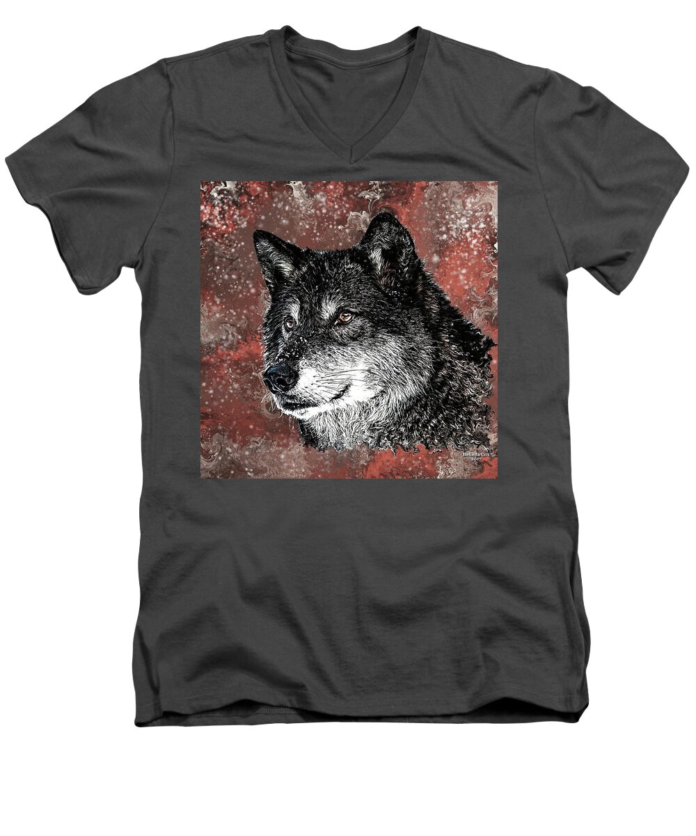 Digital Art Men's V-Neck T-Shirt featuring the digital art Wild Dark Wolf by Artful Oasis