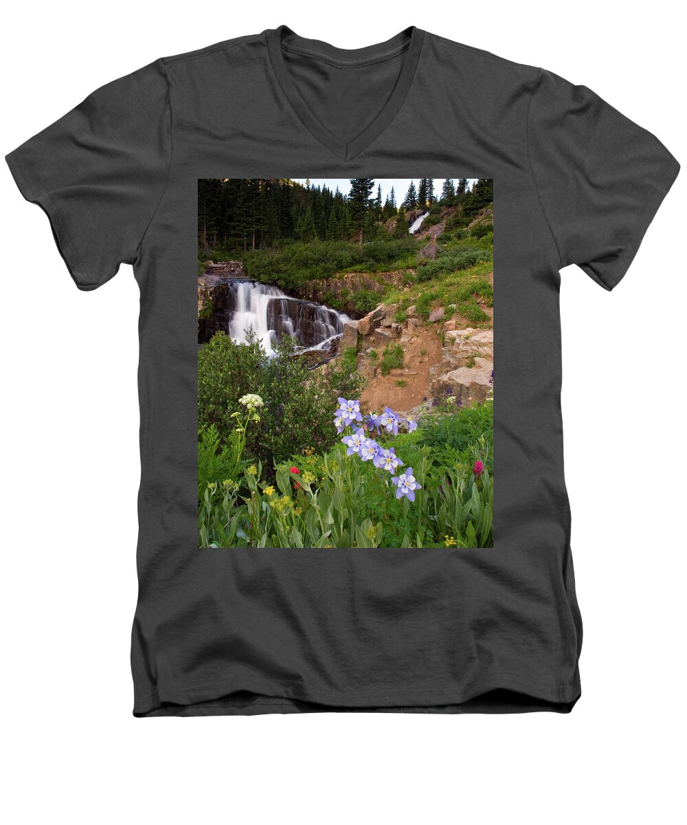 Colorado Men's V-Neck T-Shirt featuring the photograph Wild Flowers and Waterfalls by Steve Stuller