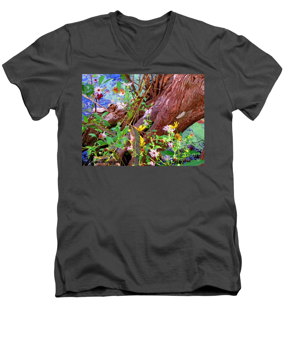 Wildflowers Men's V-Neck T-Shirt featuring the photograph Wildflowers on a Cypress Knee by Barbara Bowen