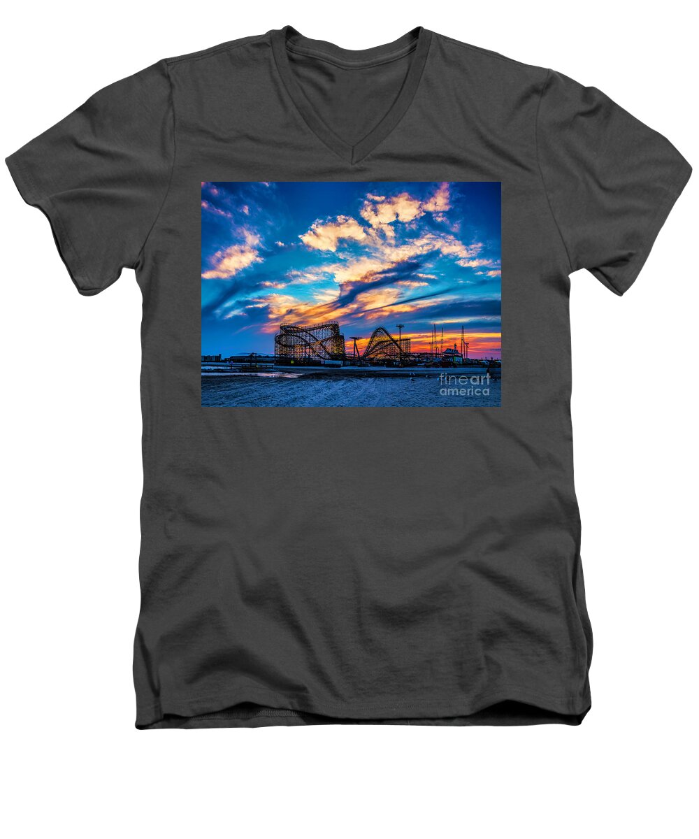 Beach Men's V-Neck T-Shirt featuring the photograph Wildwood Beach Sunset by Nick Zelinsky Jr
