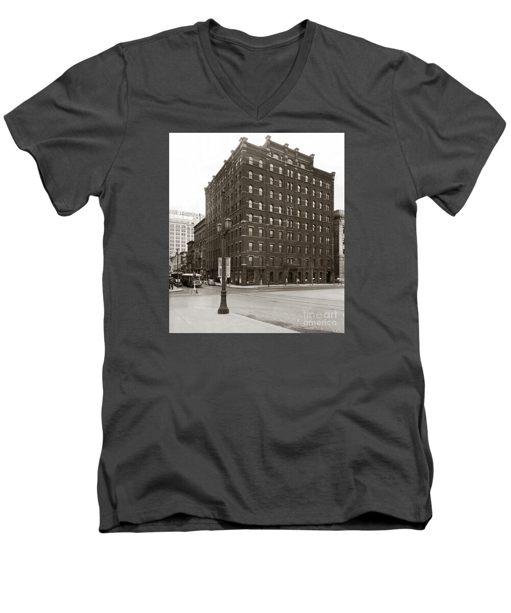 Wilkes Barre Men's V-Neck T-Shirt featuring the photograph Wilkes Barre PA Hollenback Coal Exchange Building Corner of Market and River Sts April 1937 by Arthur Miller
