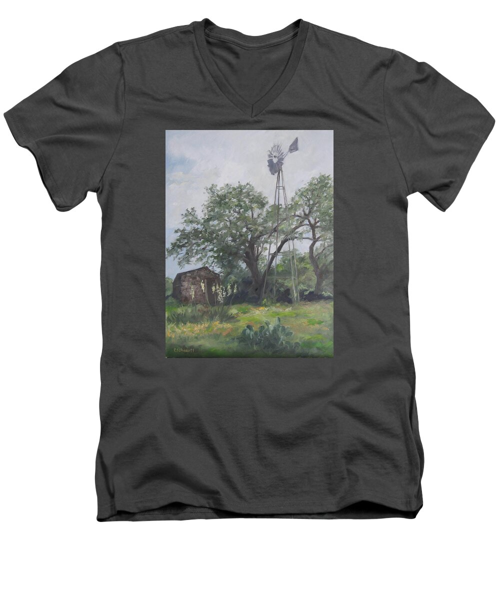 Texas Men's V-Neck T-Shirt featuring the painting Windmill at Genhaven by Connie Schaertl