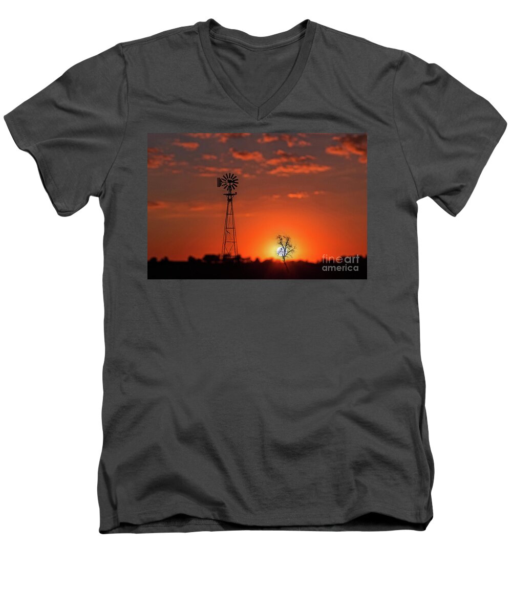 Sun Men's V-Neck T-Shirt featuring the photograph Windmill at Sunset by Norma Warden